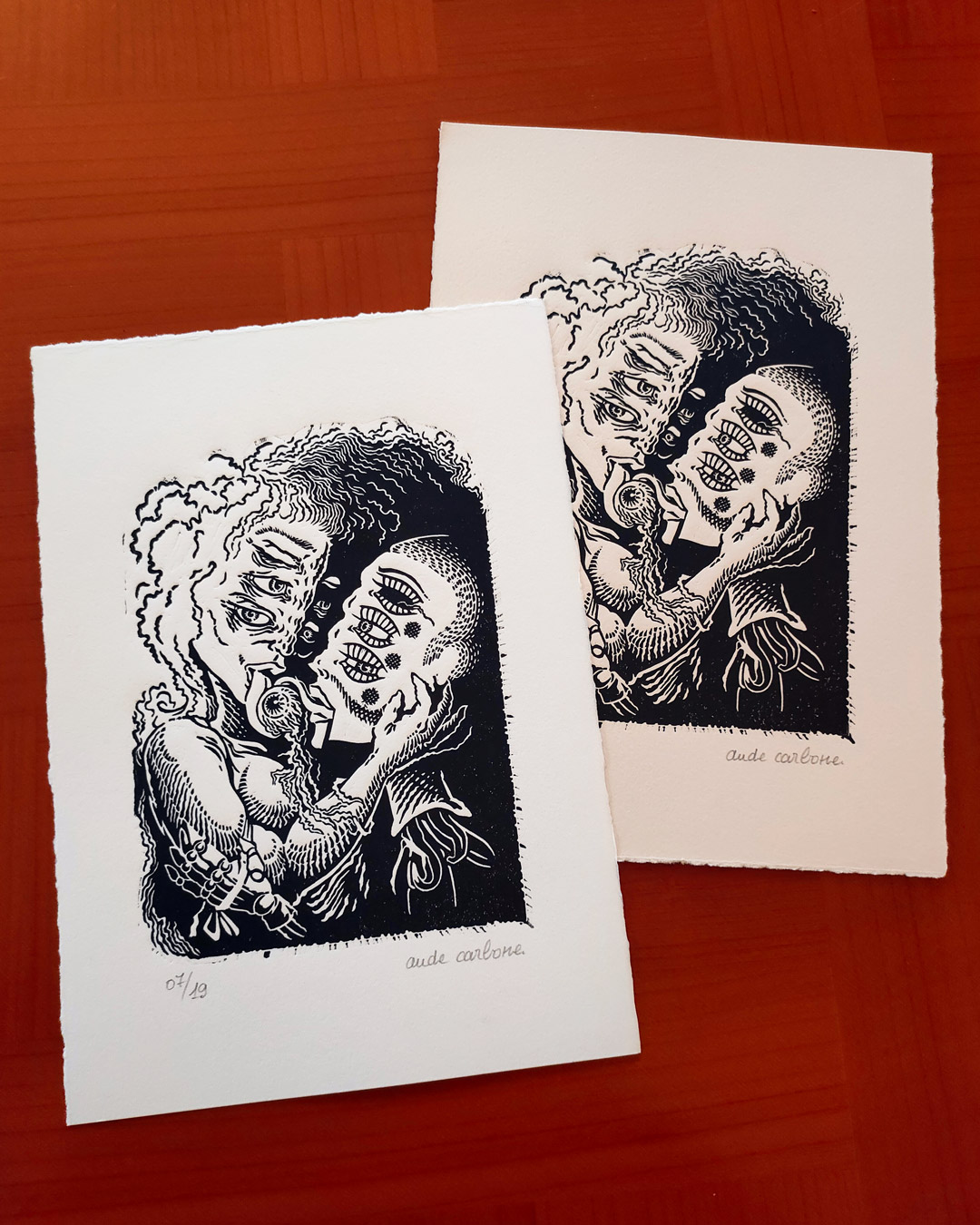 Le Baiser selon Georges B. - linogravure